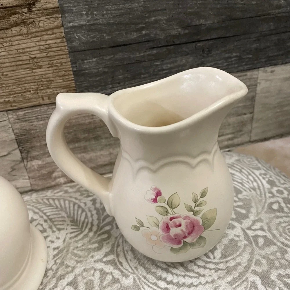 Pfaltzgraff Tea Rose Sugar Bowl and Creamer Pitcher Set Floral Design